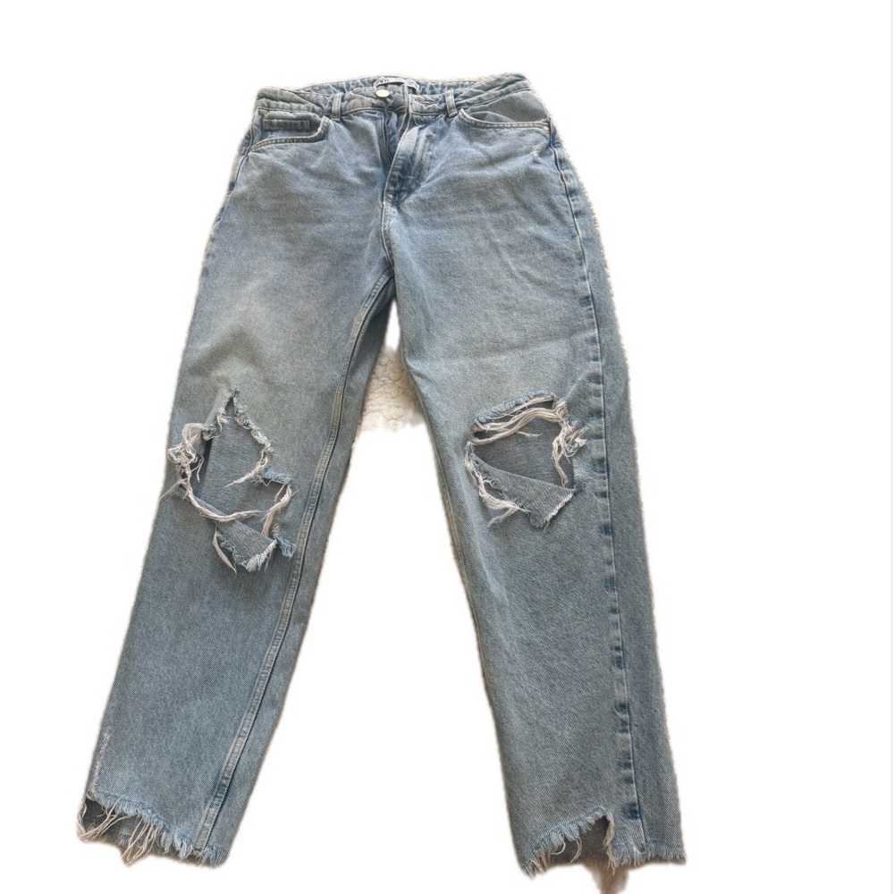 Zara Light Blue Ripped Boyfriend Jeans